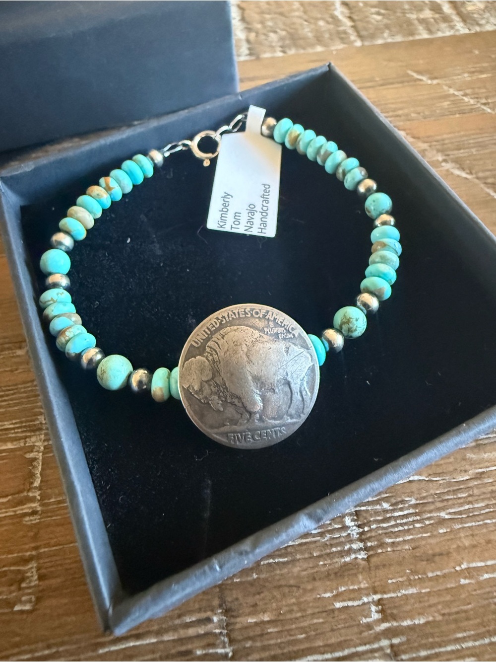 Navajo Handcrafted Turquoise Bead Coin Bracelet by Kimberly Tom Mine 8